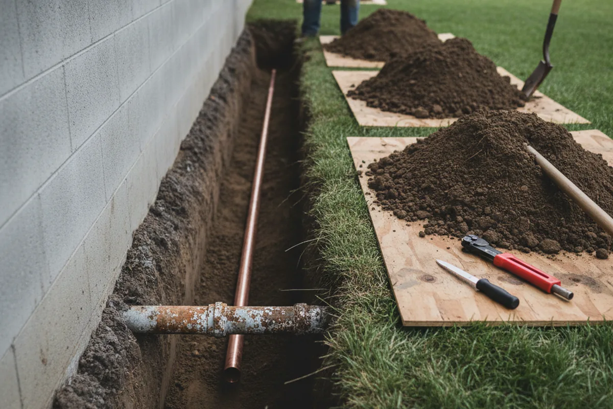 Excavated water line trench during Water Heater Repair in Rush Springs